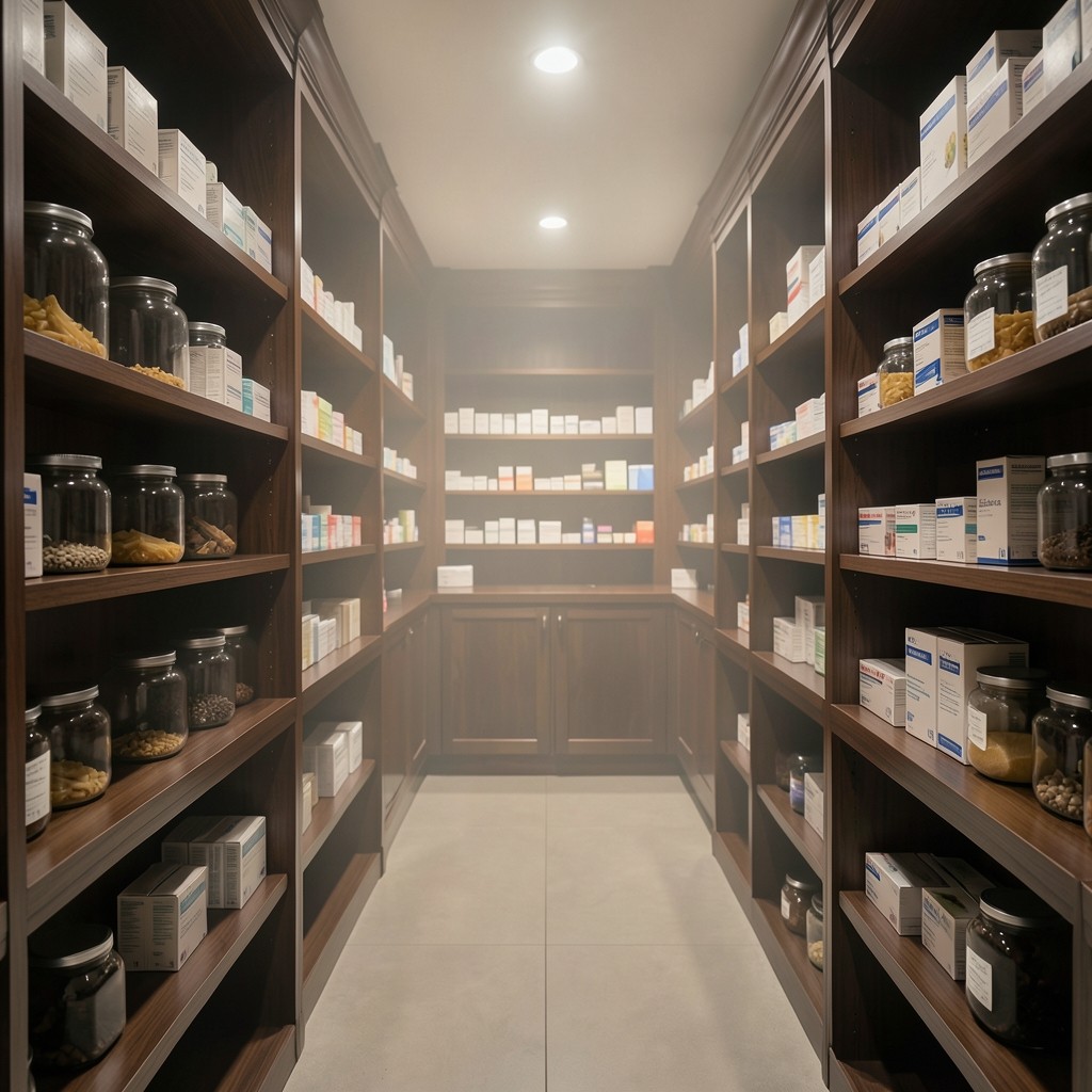 Quiet pharmacy aisle with deep wood tones and soft overhead lighting