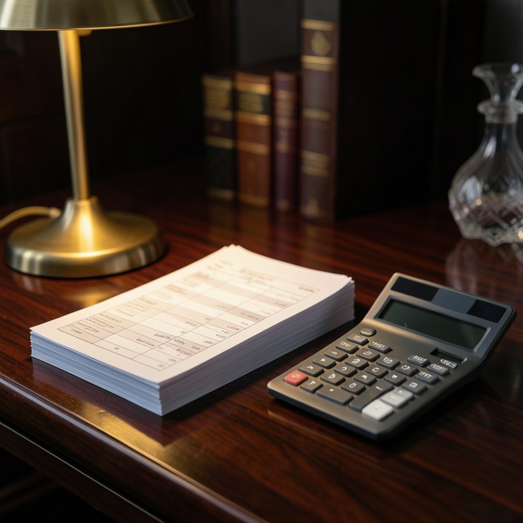 Completed stock count sheets stacked beside a calculator on a dark desk