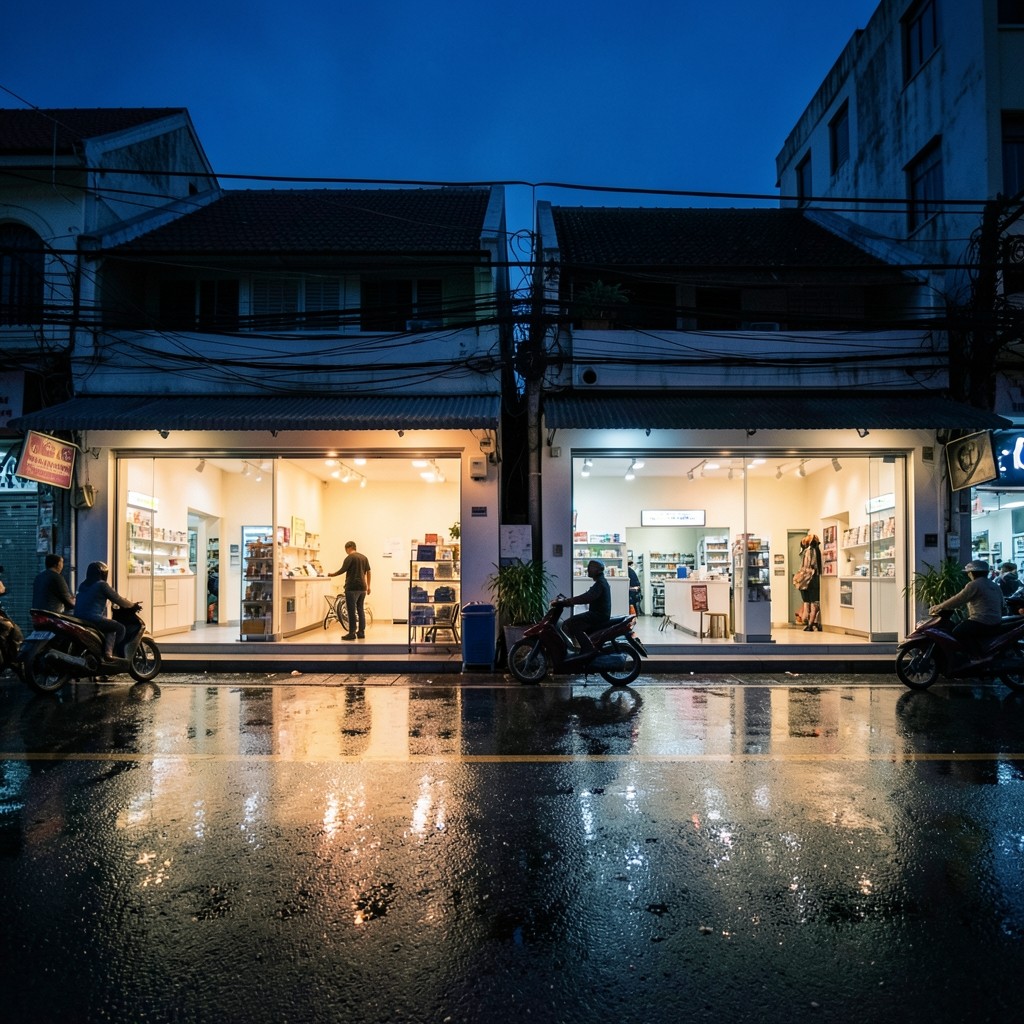 Two pharmacy storefronts on a Bangkok street at dusk with warm interior light