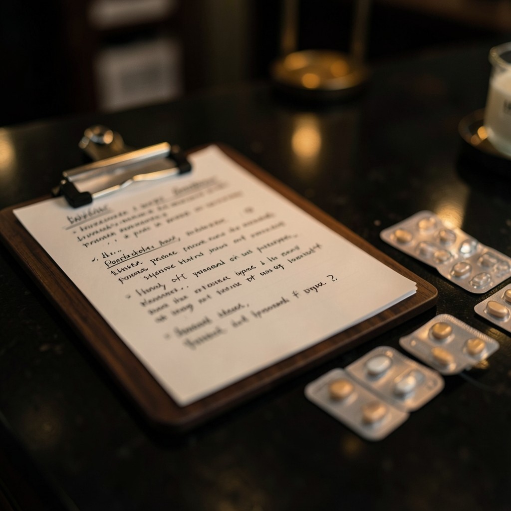 Clipboard with handwritten shortage notes resting on a pharmacy counter