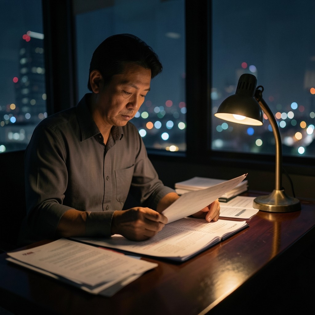 Pharmacy operator reviewing monthly stock figures under a desk lamp
