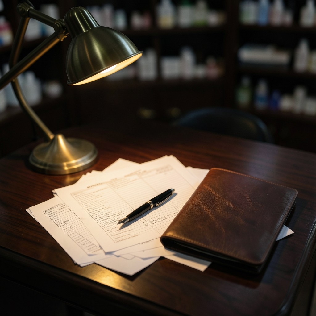 Desk with printed pharmacy movement sheets and a fountain pen beside warm desk lamp