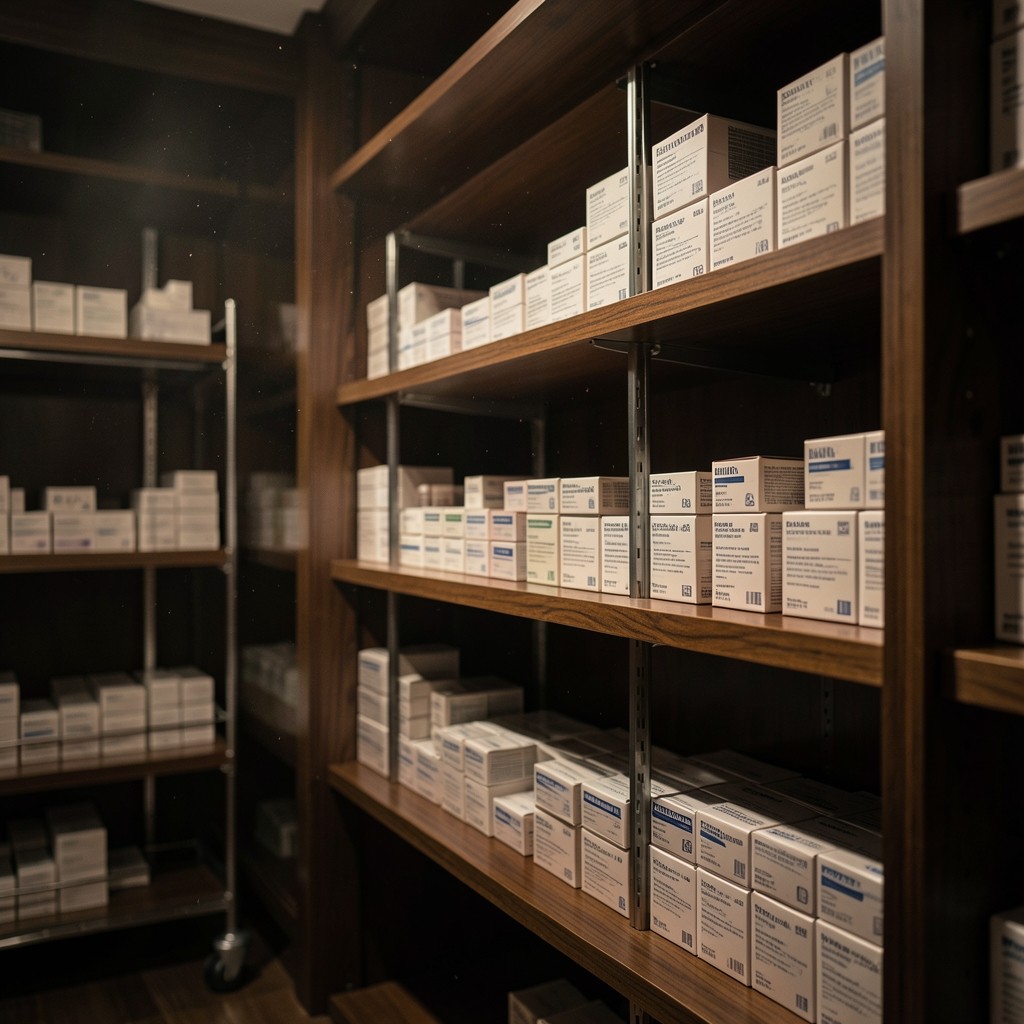 Pharmacy storeroom shelves with labelled medicine cartons under warm low light