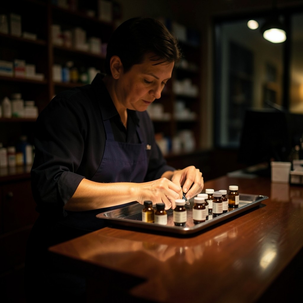 Pharmacist counting medicine bottles on a metal tray during evening stocktake